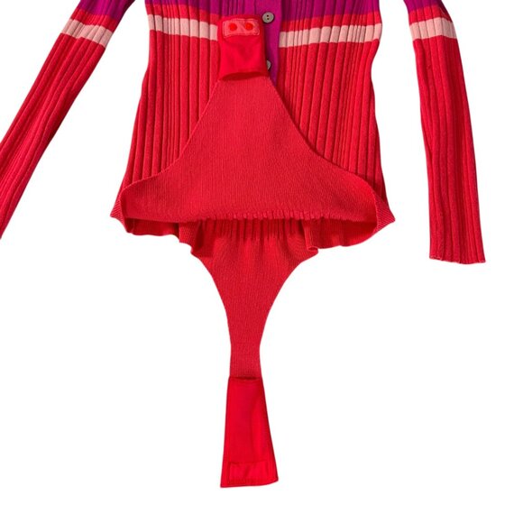 Free People Intimately Cocoa Bodysuit S Red Combo Striped Ribbed Knit Henley - Picture 8 of 14